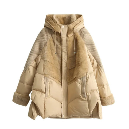 Quilted women's winter jacket with hood, faux fur, knit details