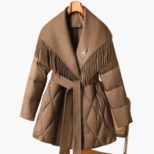 Women's Winter Quilted Coat with Fringes and Belt – Fashionable Korean Style, Elegant and Comfortable