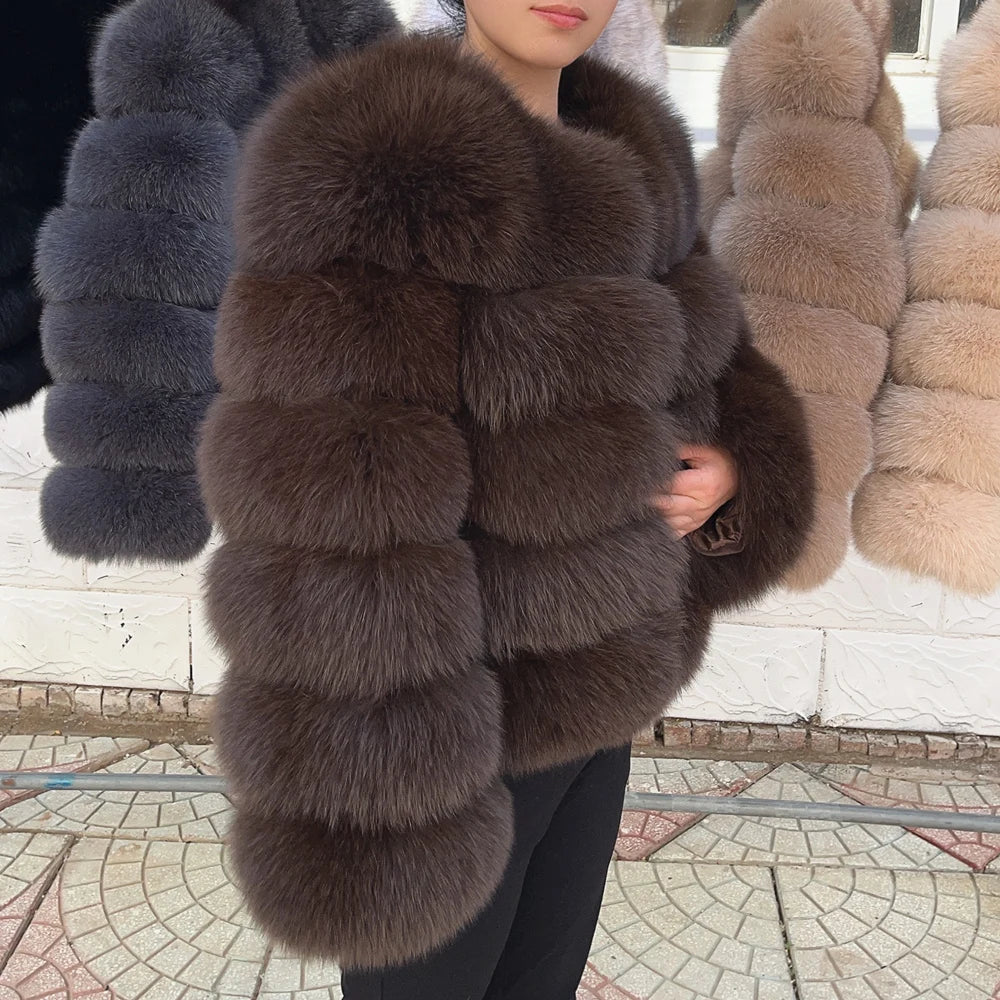 Women's faux fur jacket with voluminous sleeves and high collar