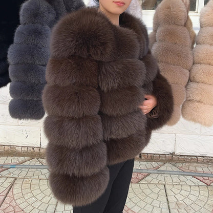Women's faux fur jacket with voluminous sleeves and high collar