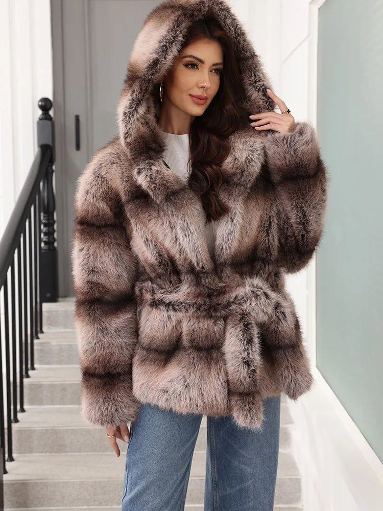 Women's striped faux-fur jacket with hood and tie belt