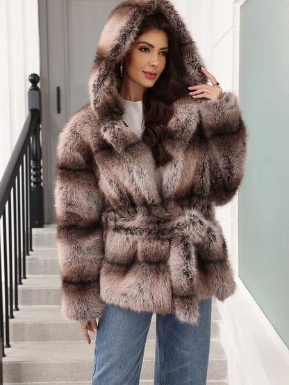 Women's striped faux-fur jacket with hood and tie belt