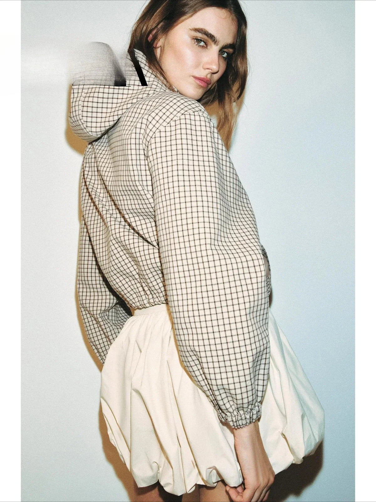Karierte Kapuzenjacke Damen Beige Braun mit Reißverschluss