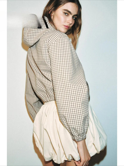 Karierte Kapuzenjacke Damen Beige Braun mit Reißverschluss