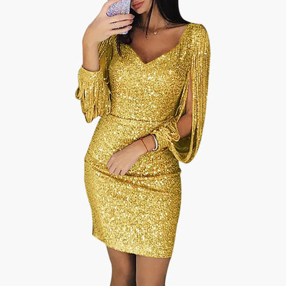 Damen Glitzer Cocktailkleid Partykleid mit Fransenärmeln – Elegantes, figurbetontes Minikleid für festliche Anlässe