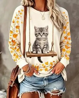 Langarmshirt Damen mit Katzenmotiv auf Schaukel & Herbstlaub Print, Rundhals Oberteil Beige