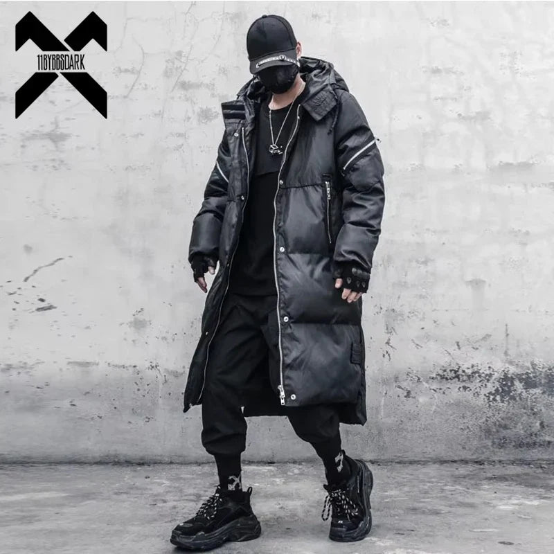 Long black quilted coat with hood for men