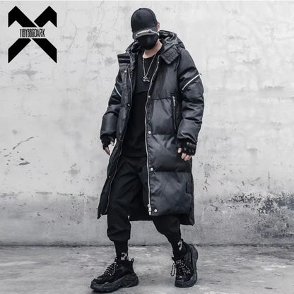 Long black quilted coat with hood for men