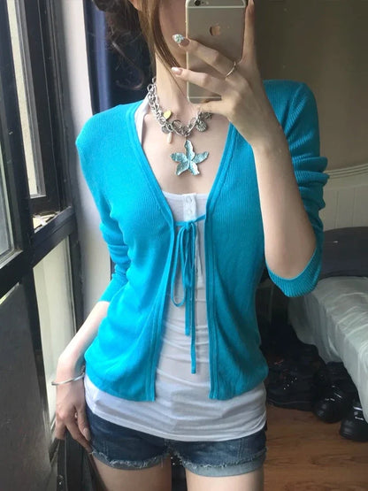 Women's rib-knit cardigan in turquoise with long sleeves and V-neck