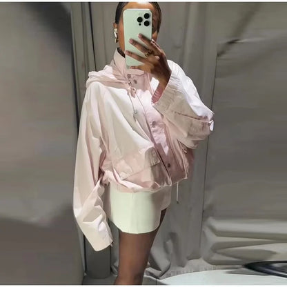 Women's Short Transitional Jacket with Hood and Pockets, Light Pink