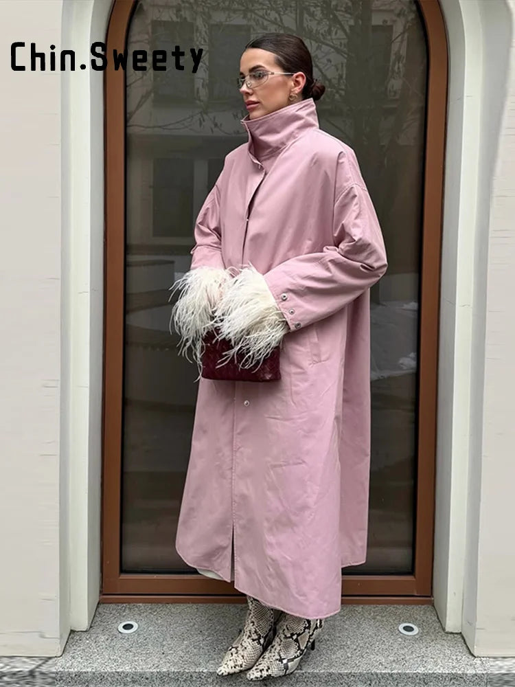 Women's long transitional trench coat with stand collar and puff sleeves