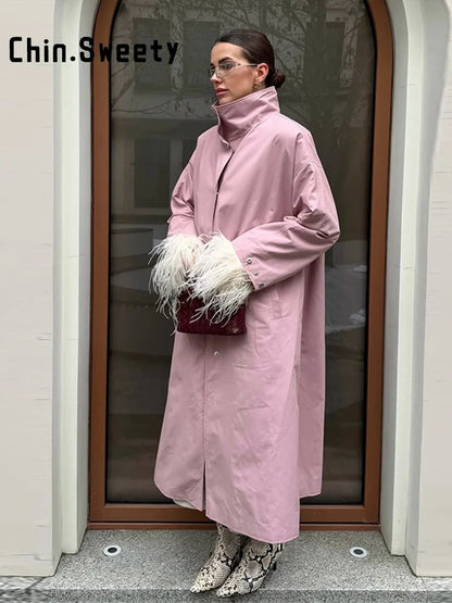 Women's long transitional trench coat with stand collar and puff sleeves