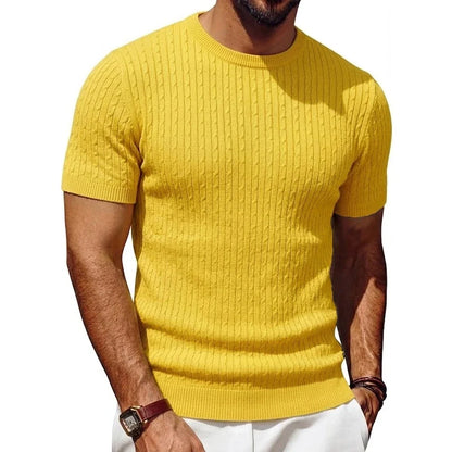 Men's short-sleeve knit pullover cable-knit pattern crew neck