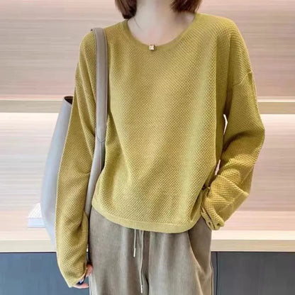 Women's Long-Sleeved Textured Crew-Neck Top, Comfortable Casual Shirt