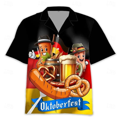 Men's Oktoberfest shirt, short sleeves, beer, pretzel, and sausage design