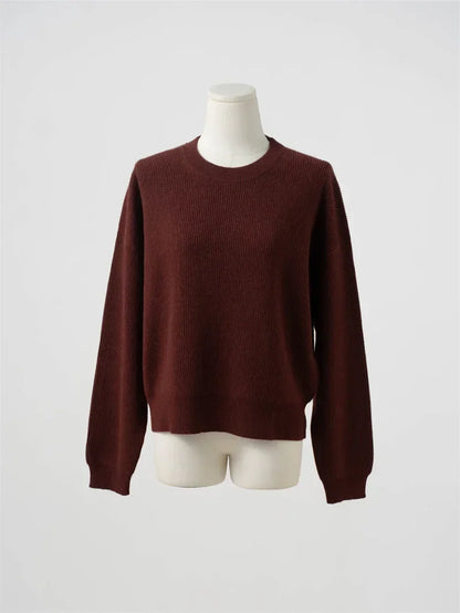 Women's Ribbed Crew-Neck Long-Sleeved Knit Sweater in Red-Brown