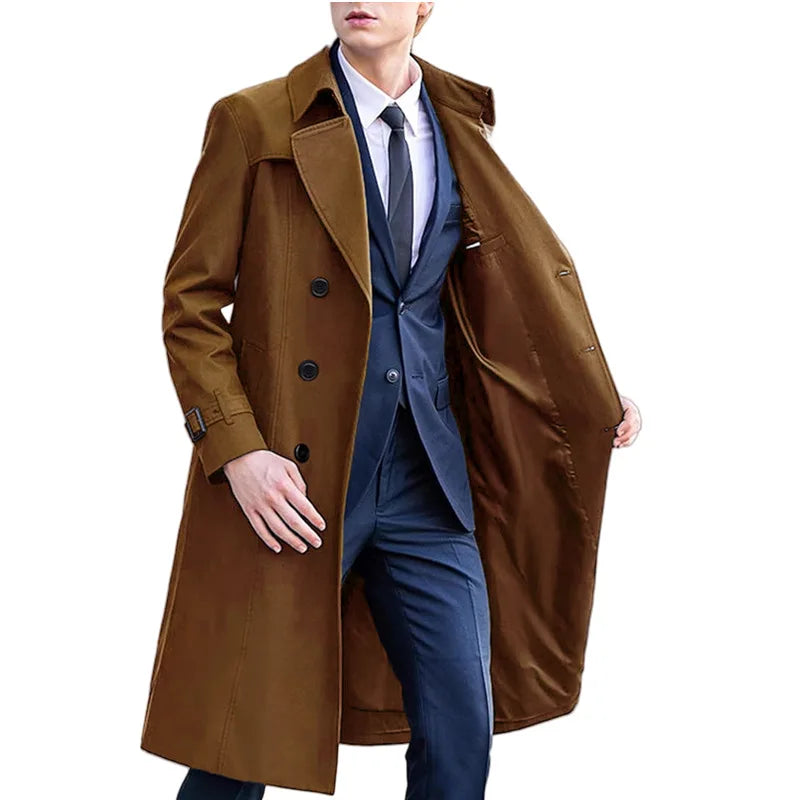 Men's Double-Breasted Trench Coat Long Coat Windbreaker