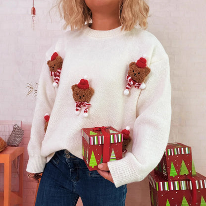 Red Christmas sweater with teddy bear appliqués and a crew neck