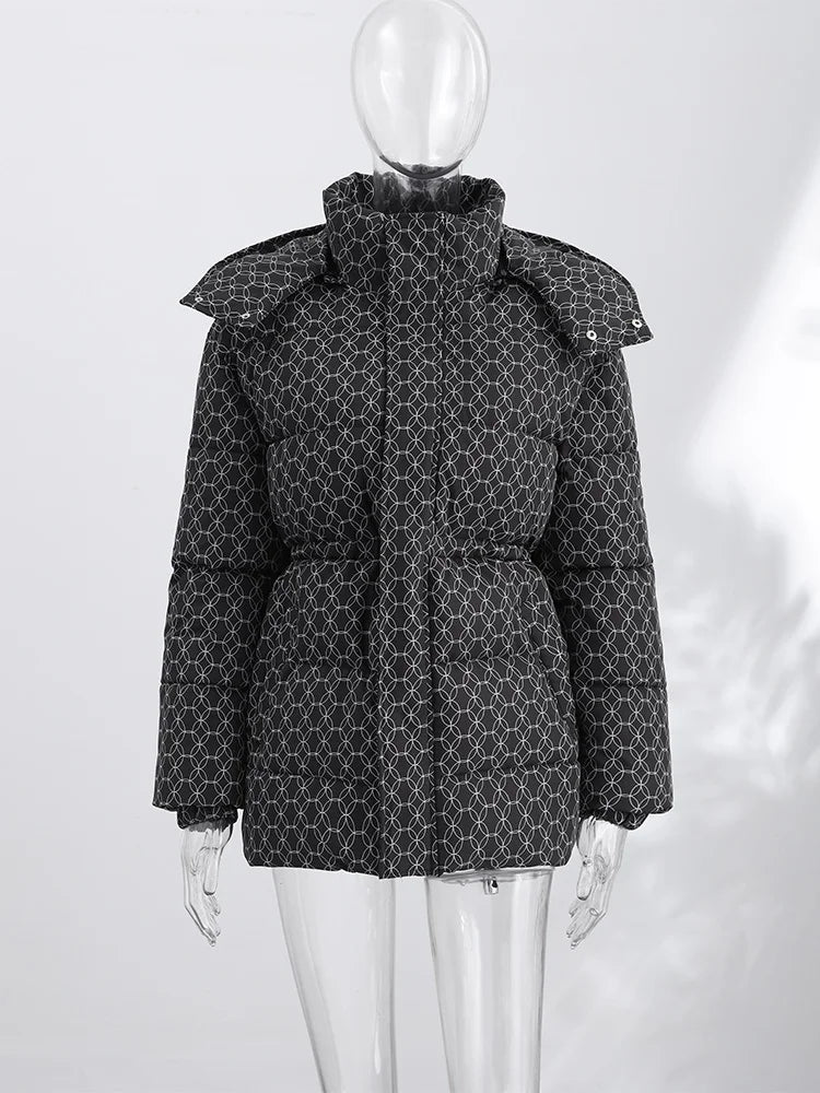 Women's down jacket, winter jacket, puffer jacket with hood, stand-up collar, and adjustable waist