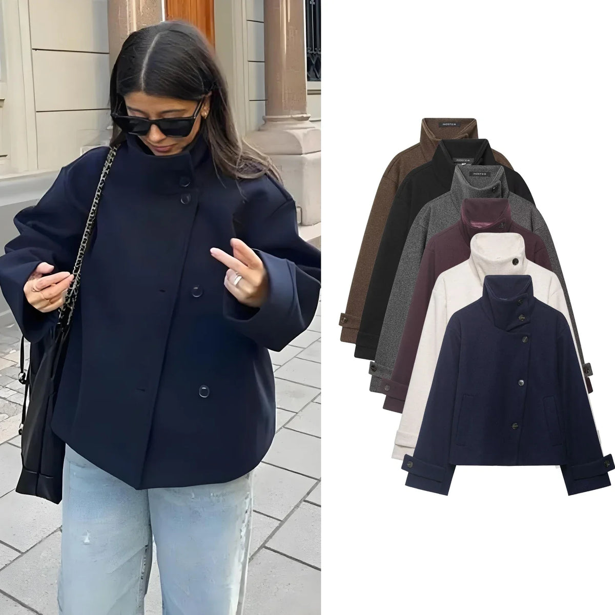 Kurze Damen Übergangsjacke mit Stehkragen und weiten Ärmeln, meliert