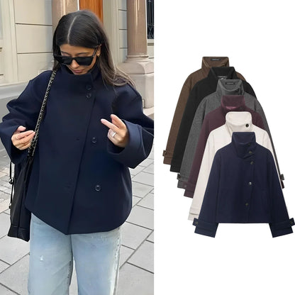 Kurze Damen Übergangsjacke mit Stehkragen und weiten Ärmeln, meliert