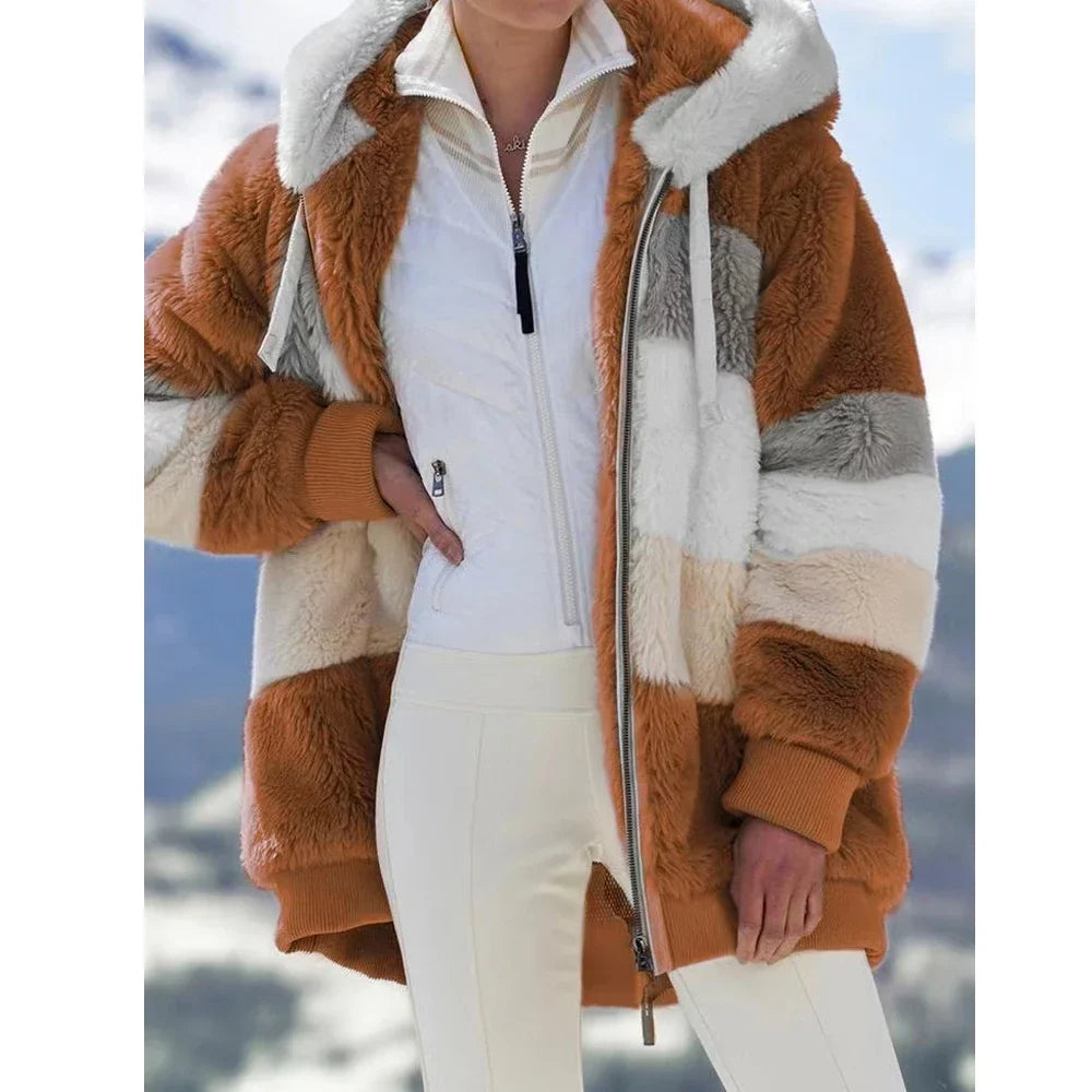 Damen Teddyfell Jacke mit Kapuze und Reißverschluss, mehrfarbig