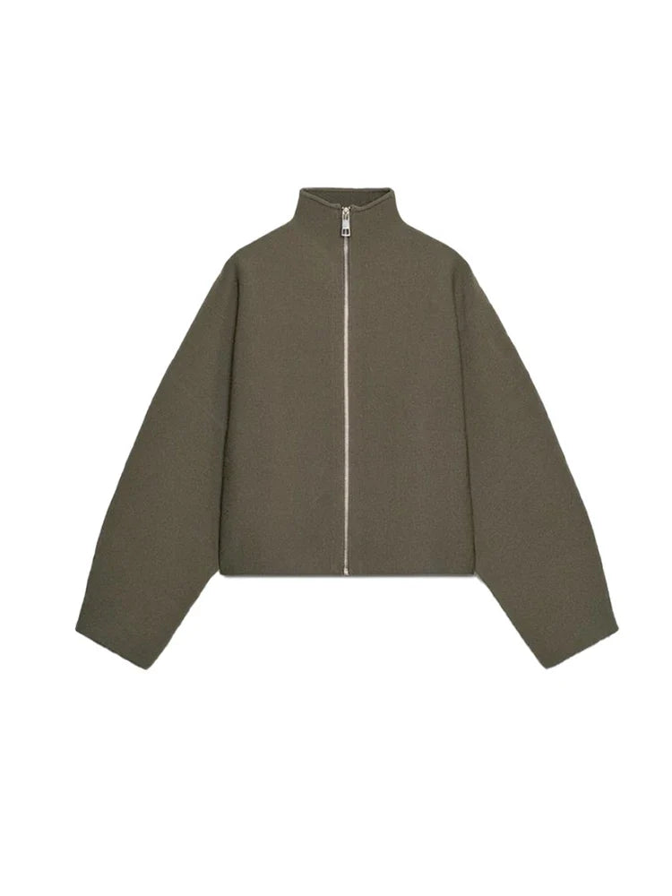 Short stand-collar jacket with zipper, olive green