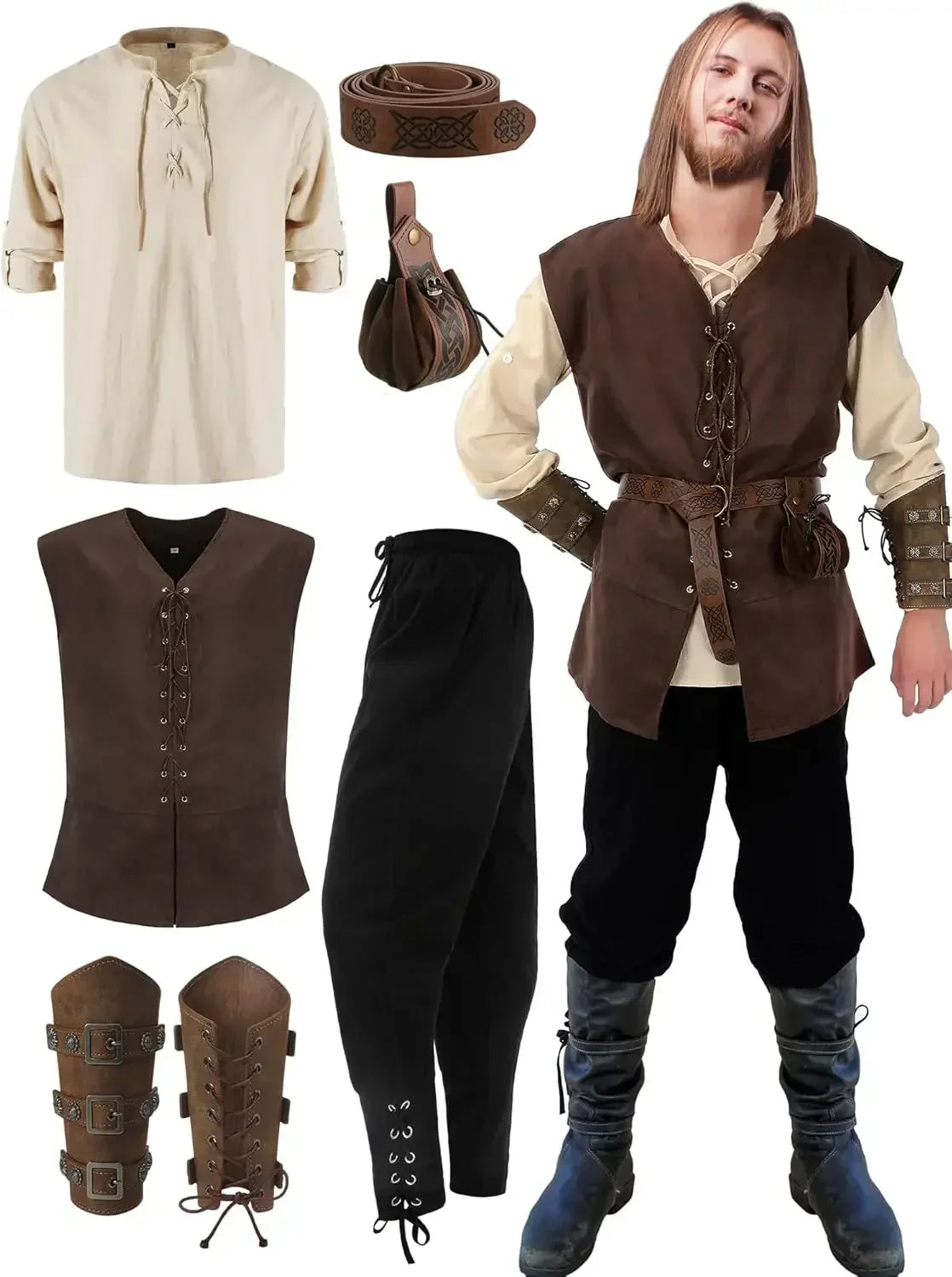 Mittelalterliches Herrenkostüm: Hemd, Weste, Hose, Gürtel, Armstulpen