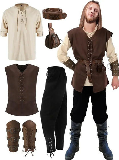 Mittelalterliches Herrenkostüm: Hemd, Weste, Hose, Gürtel, Armstulpen