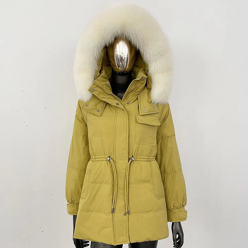 Women's winter parka jacket with fur hood and drawstring waist