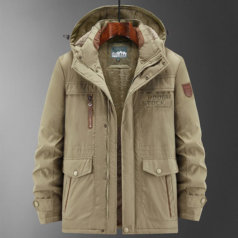 Men's winter jacket with hood, lined, with multiple pockets