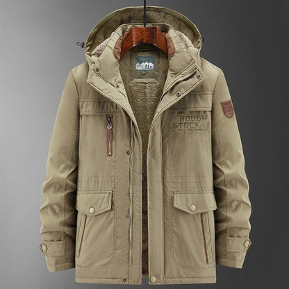 Men's winter jacket with hood, lined, with multiple pockets