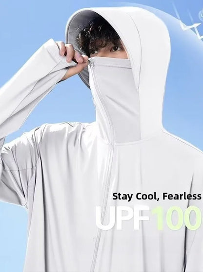 UV-protection jacket with hood and face mask, zipper, for men