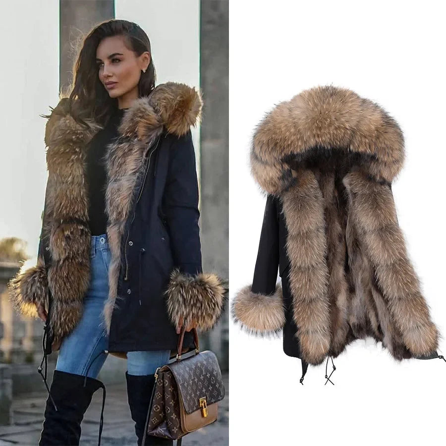 Women's winter parka with pink faux fur lining & hood