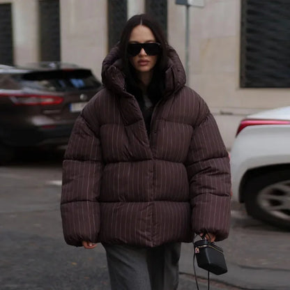 Damen Pufferjacke gestreift mit Kapuze Schwarz