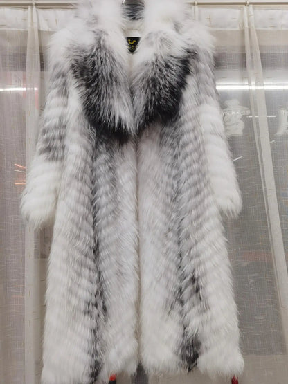 Long women's faux-fur coat with chevron pattern, warm winter coat