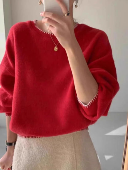 Women's Knit Sweater with Contrasting Trim - Crewneck Long-Sleeve