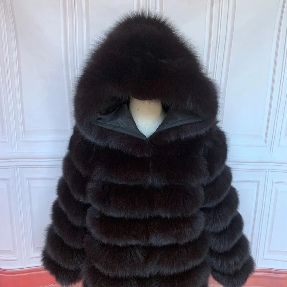 Women's winter faux fur coat with hood, long sleeves, warm jacket, striped