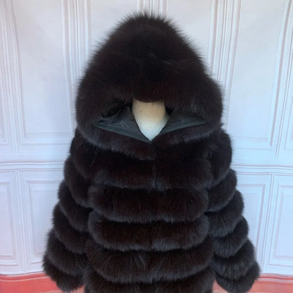 Women's winter faux fur coat with hood, long sleeves, warm jacket, striped