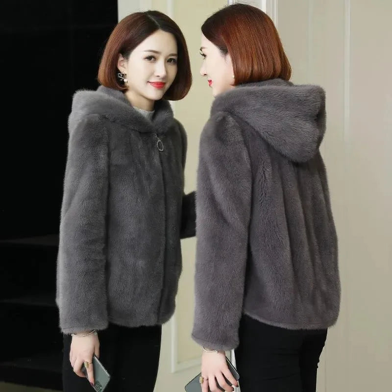 Women's Short Hooded Jacket, Plush Look, Green, Soft