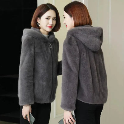 Women's Short Hooded Jacket, Plush Look, Green, Soft