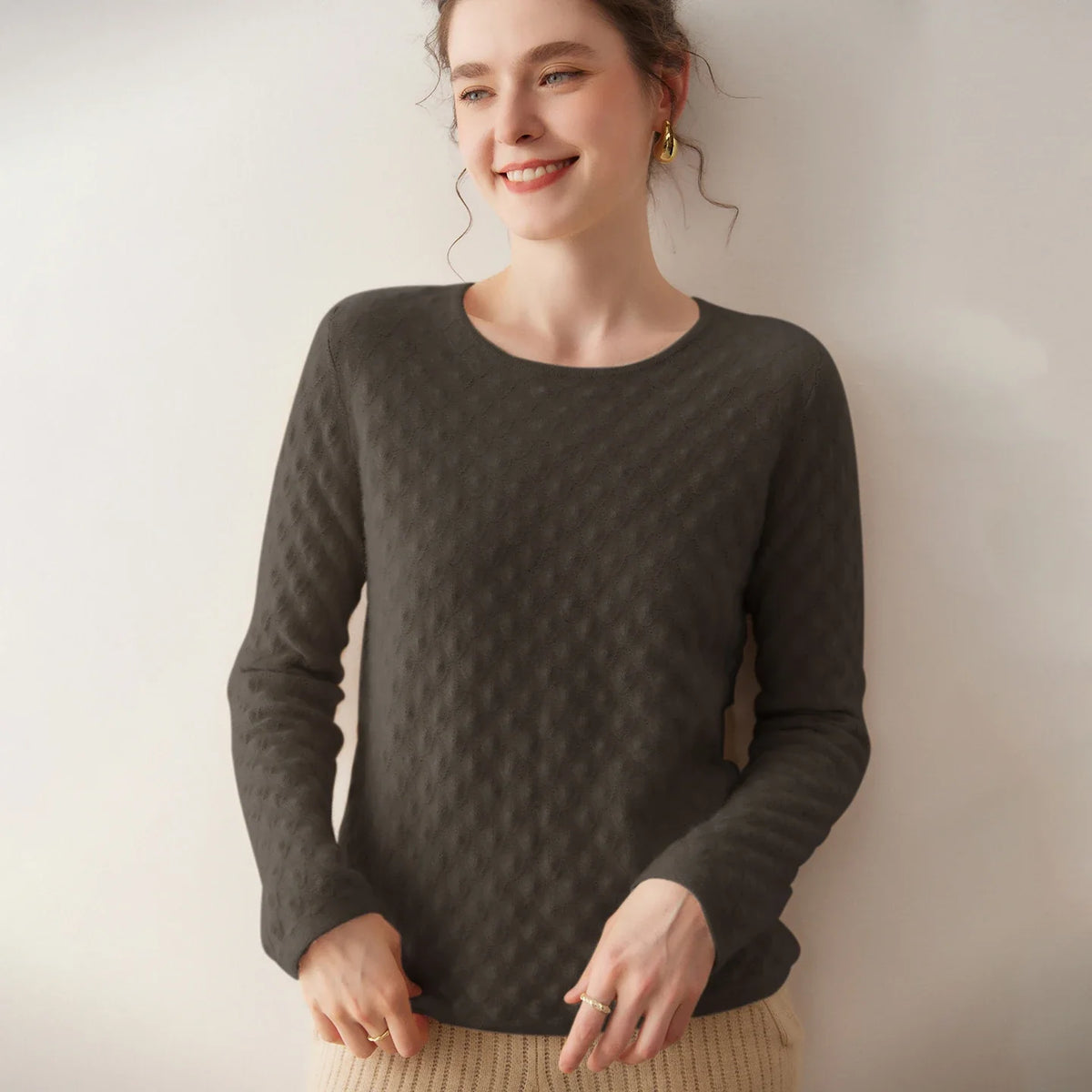 Damen Pullover Rundhalsausschnitt Langarm Strickpullover Strukturiert