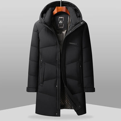 Men's long black quilted winter coat with hood