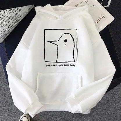 Hoodie or sweatshirt with cartoon bird motif, "Punpun is just fine today" print