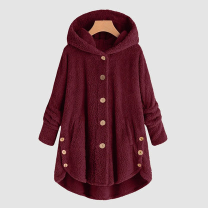 Damen Fleecejacke mit Kapuze Teddy-Optik Langarm Knopfleiste unregelmäßigem Saum