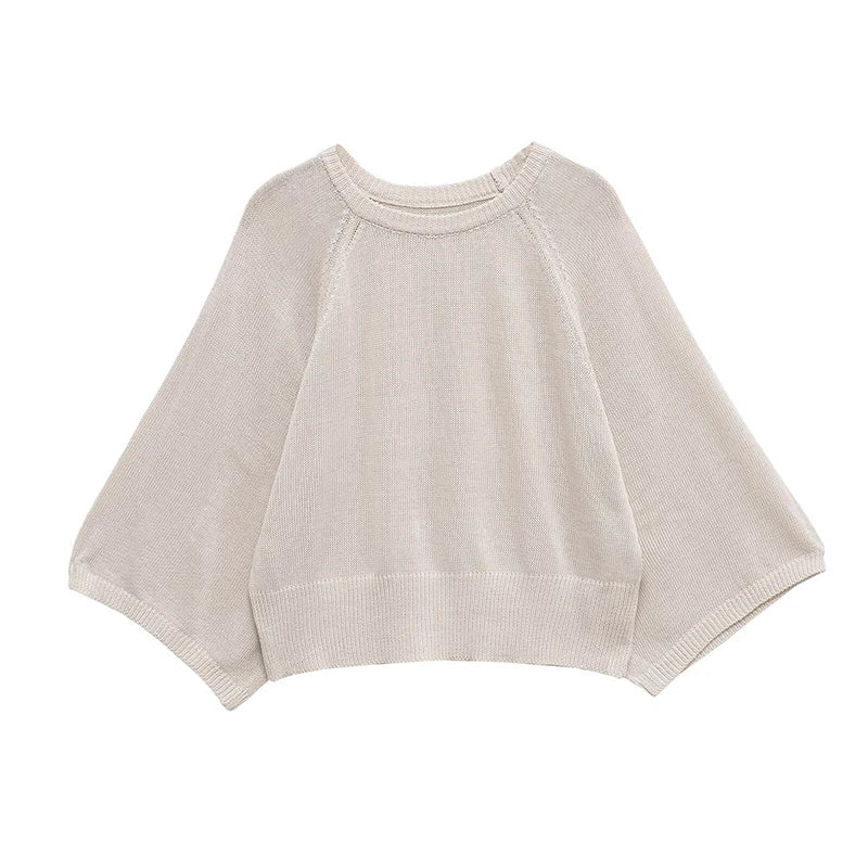 Women's Oversized Batwing-Sleeve Crew Neck Knit Sweater Cream