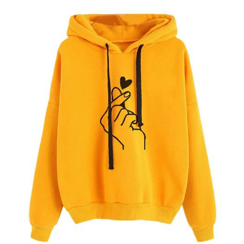 Women's hoodie with hood & drawstring, heart finger print, loose fit