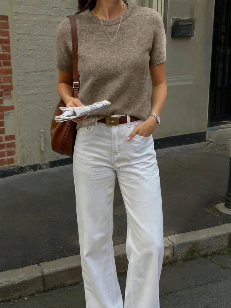 Women's beige short-sleeve knit top, crew neck, sweater