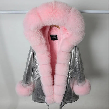Women's winter parka with pink faux fur lining & hood