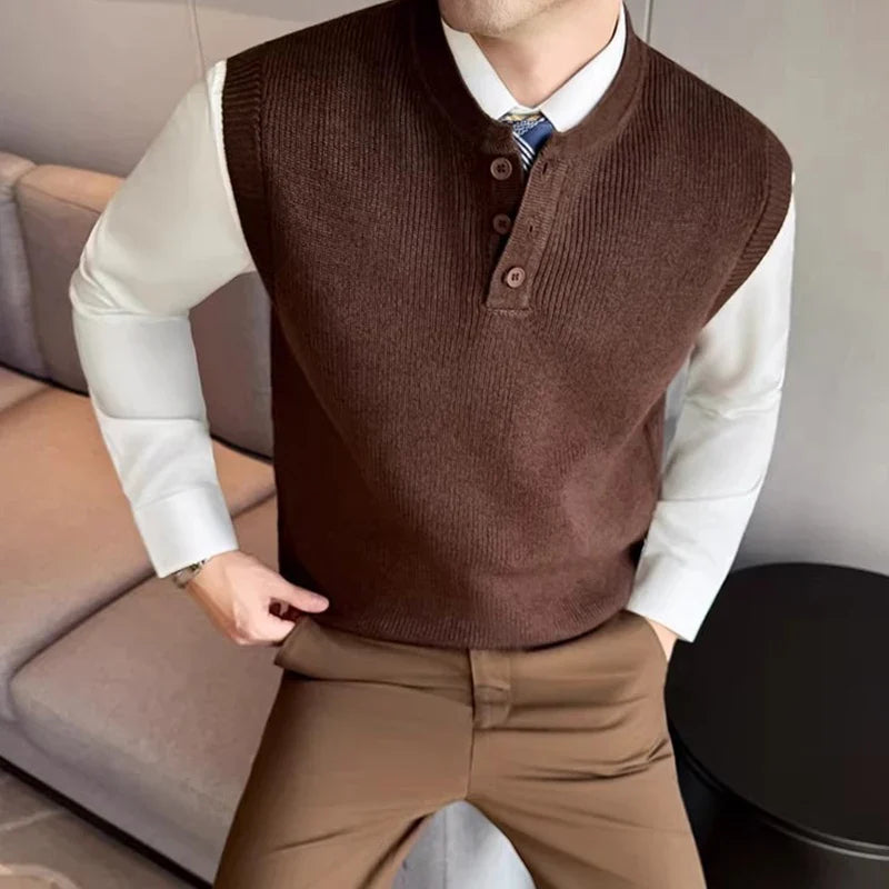 Men's knitted vest collarless pullover vest ribbed sleeveless